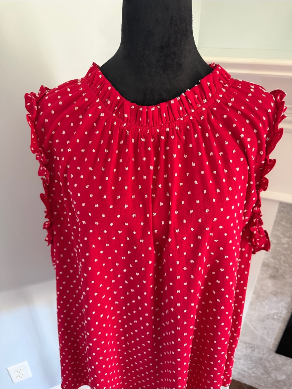 JODIFL Red Sleeveless Ruffle Neck Polka Dot Blouse